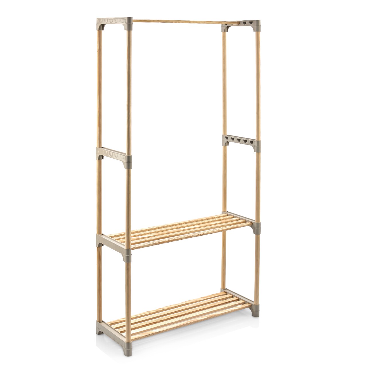 Pine Wood Clothes Rack Freestanding 2-Tier Shelves Hanging Rod Natural/Gray